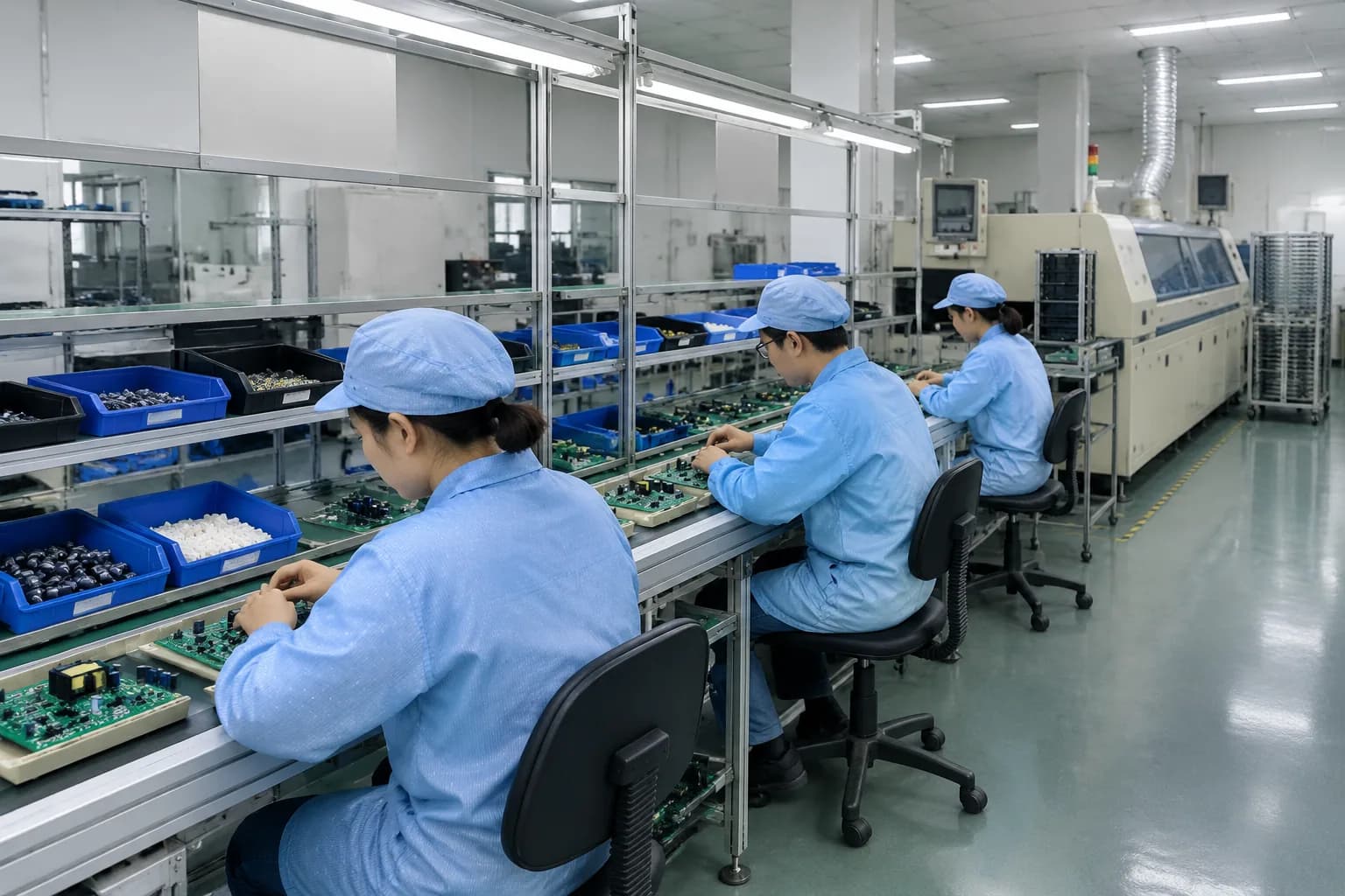 An operator inserting parts on a DIP line