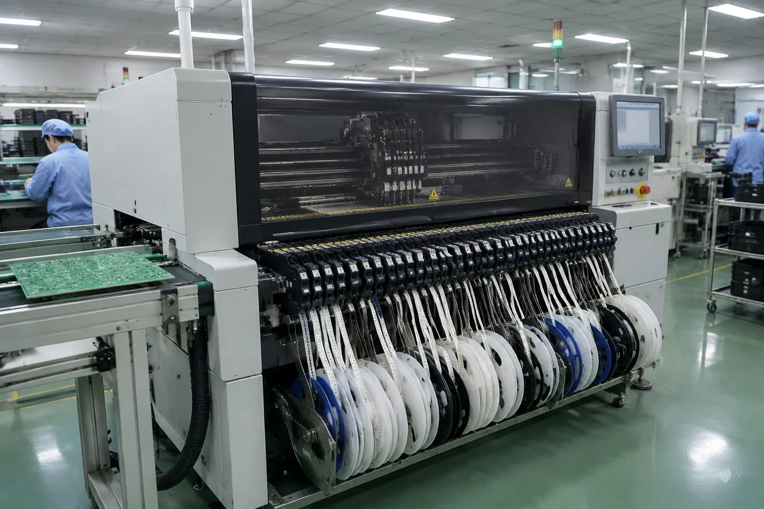 Feeder reels and a circuit board on a placement machine