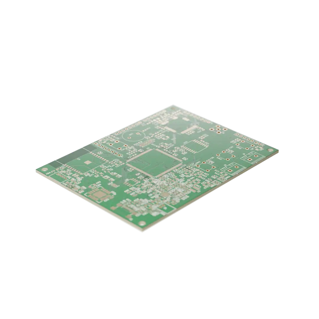 A bare circuit board with gold pads and white silkscreen