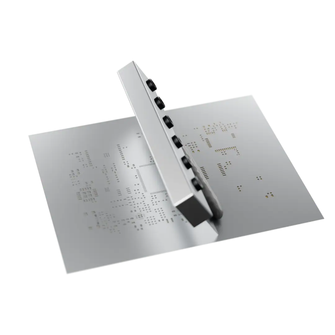 A stainless stencil over the board as the squeegee rolls solder paste across its apertures