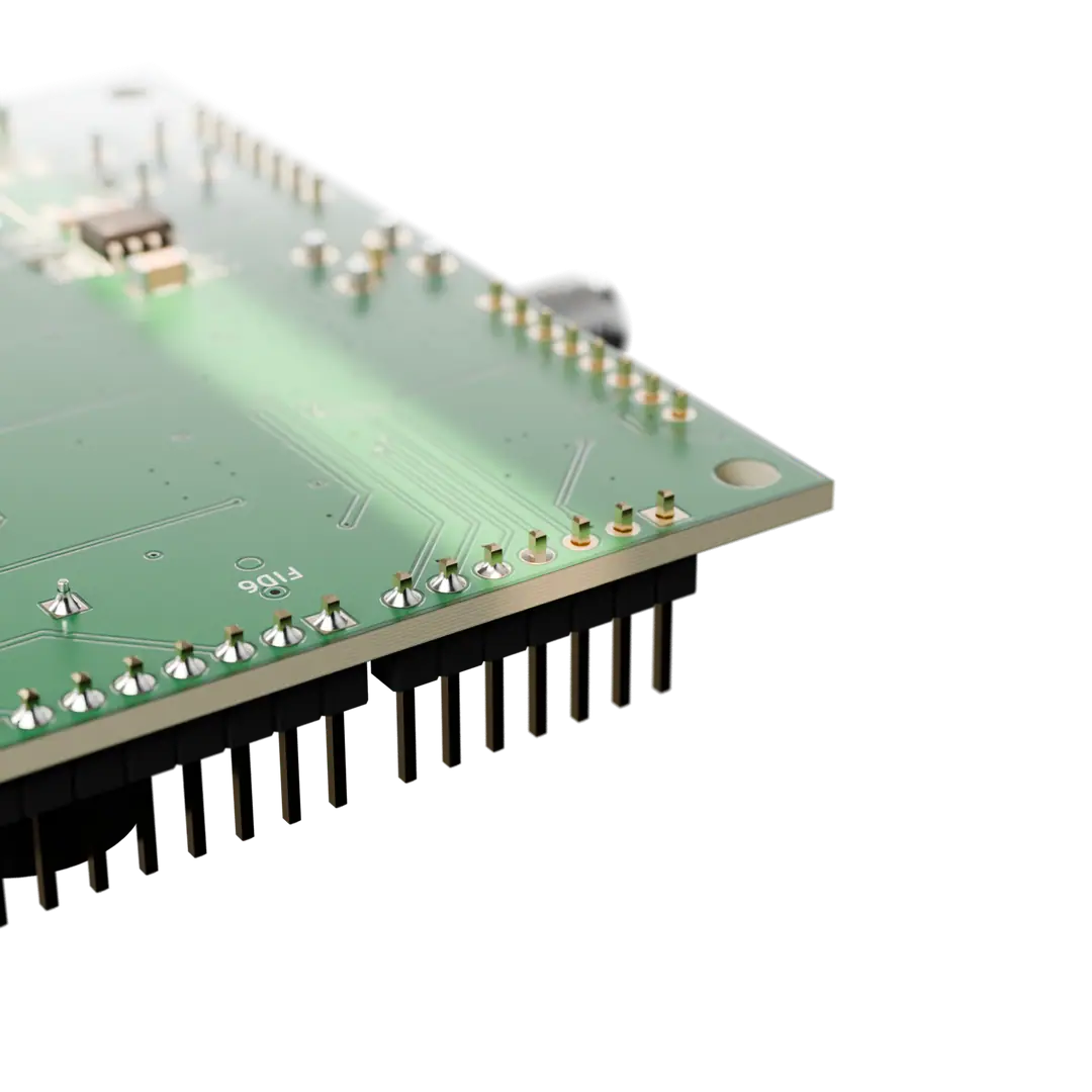 The board turned over: header pins through the board, each with a cone of solder at its root