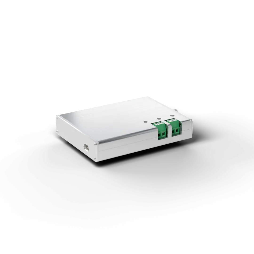 The board closed in its aluminium enclosure, end plates screwed on