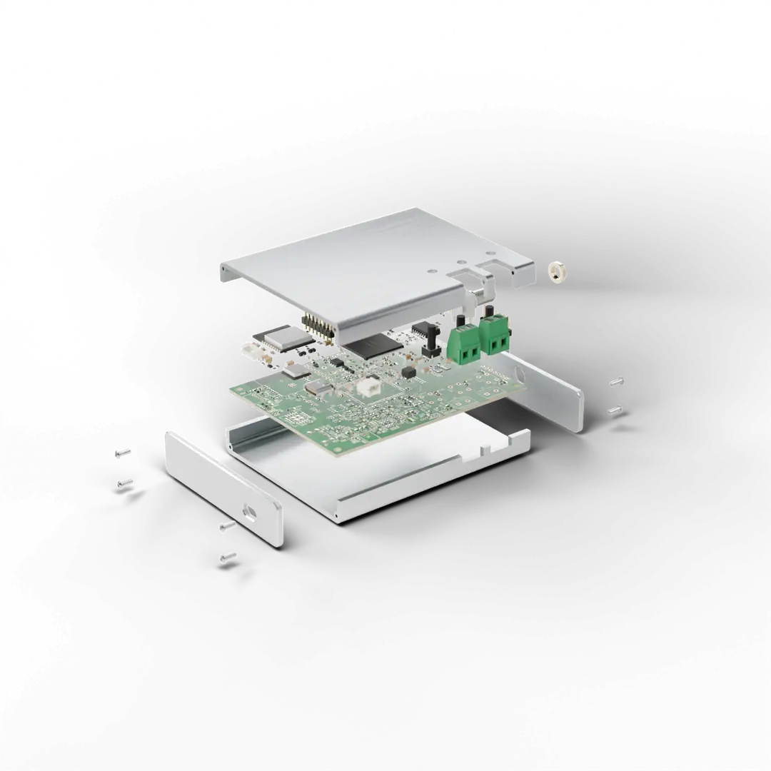 Exploded view: lid, components, circuit board, base and end plates apart